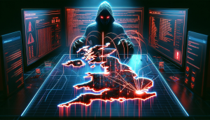 This image is a digital AI-generated concept art depicting an AI driven malware attack targeting the UK. A hooded figure stands in front of a holographic projection of a map of the UK. Red lines are all over the map indicating a virus spread.
